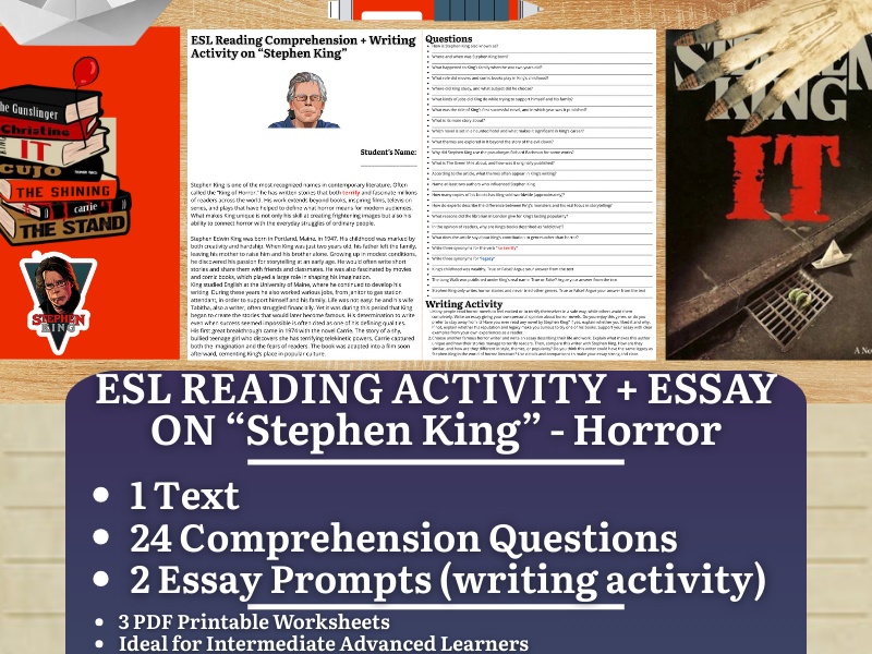 ESL Reading Comprehension + Writing Activity - Stephen King - Horror writer