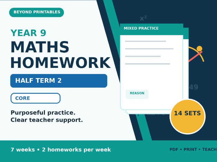 Year 9 Maths Homework Half Term 2 - Core | 14 Sets, Answers and Overview