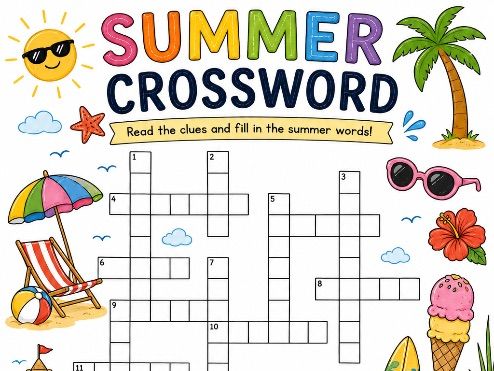 Summer Crossword Puzzle | KS2 Printable Crossword | End of Term Literacy Activity | Summer Holidays