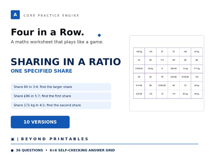 Sharing in a Ratio Four in a Row | One Specified Share | Level 01 | 10 Maths Games