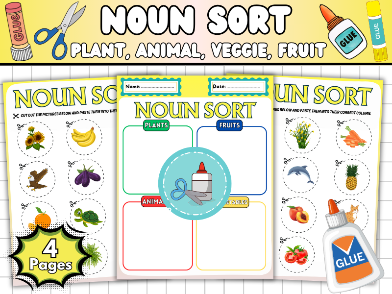 Noun Sort: Plant, Animal, Fruit or Veggie | Cut and Paste Sorting Activity-EYFS and KS1