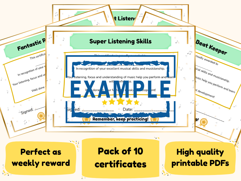 Music Skills Certificates: 10 Weekly Certificates for Listening, Rhythm & Musicianship (Printable)