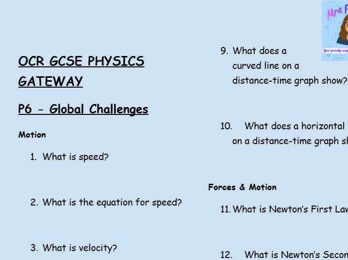 OCR GCSE Physics P6 Retrieval Practice – Low-Stakes Questions on Motion and Global Challenges