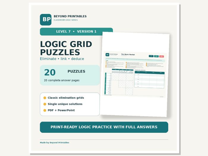 Logic Grid Puzzles Level 7: Six-Way Logic | Version 1, 20 Puzzles