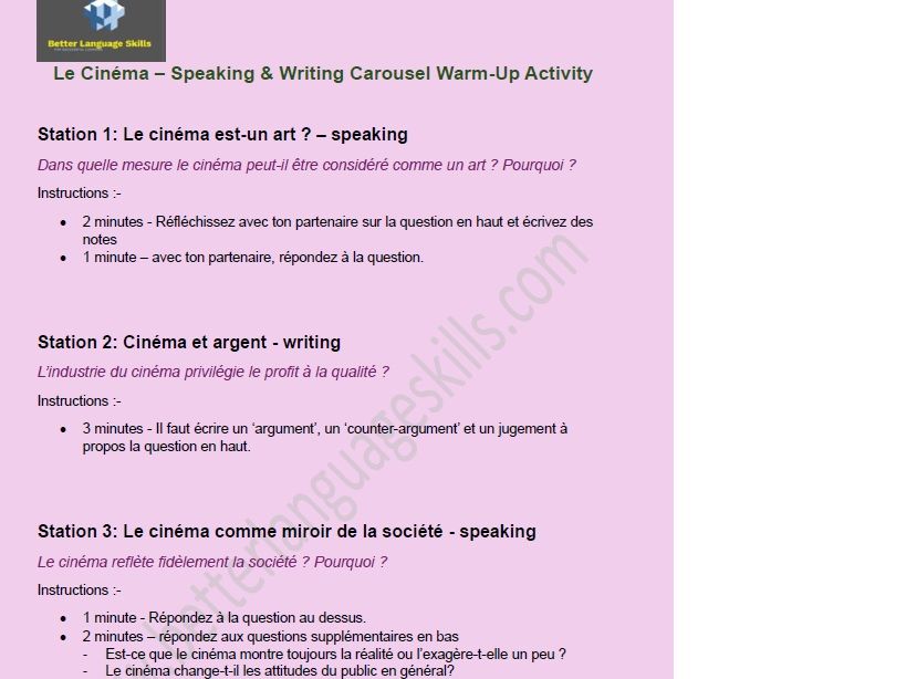 Carousel Warm-Up Speaking & Writing Activity on French Cinema