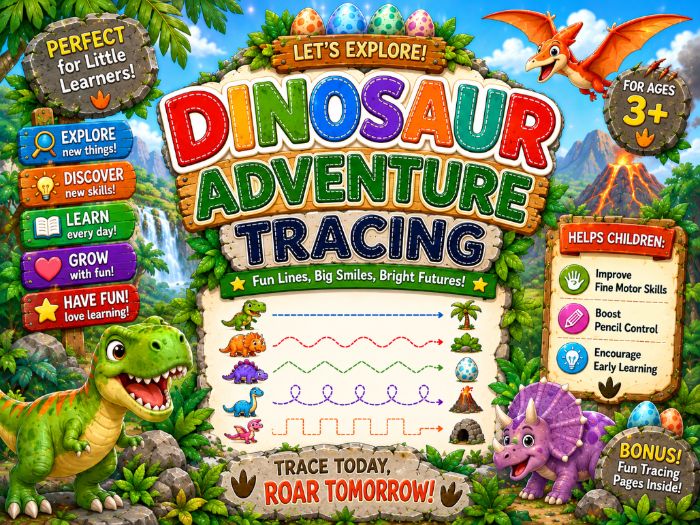 Dinosaur Tracing Worksheets | Fine Motor Skills, Pencil Control & Pre-Writing Practice | Preschool–1