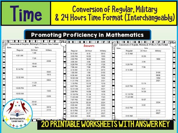 Conversion of Regular, Military & 24-Hour Time Worksheets (Interchangeable Practice) Math