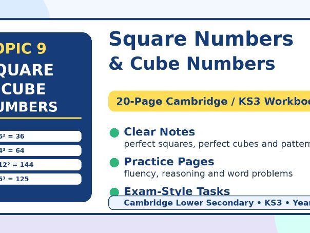 20-page Square Numbers and Cube Numbers Workbook for year 7 to 9