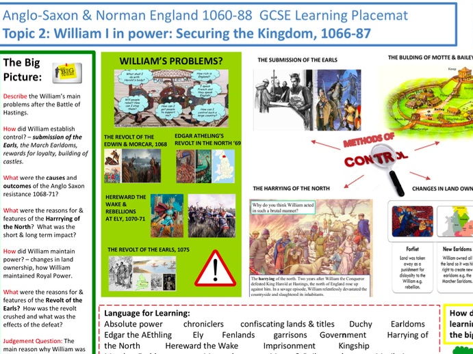 9-1 Edexcel History Learning/Topic Placemat for Anglo-Saxon and Norman England Topic 2: William I i