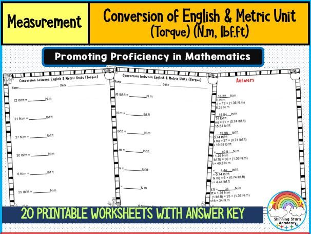 Conversion of English & Metric Unit (Torque) (N·m, lbf·ft) Worksheets | Applied Physics & Engineerin