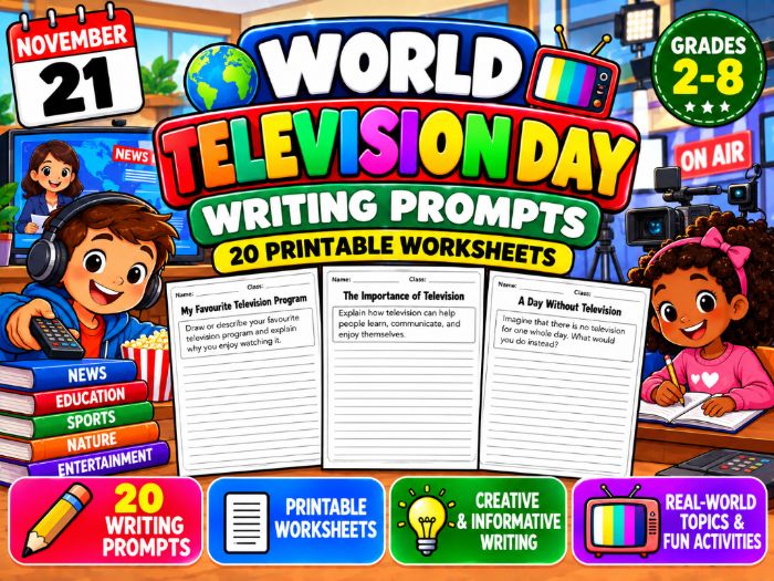 World Television Day Writing Prompts | 20 Printable Worksheets