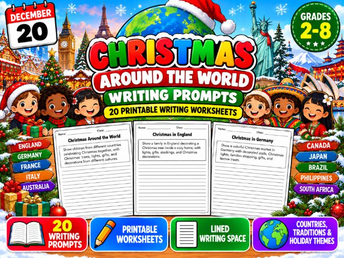 Christmas Around the World Writing Prompts | 20 Printable Worksheets