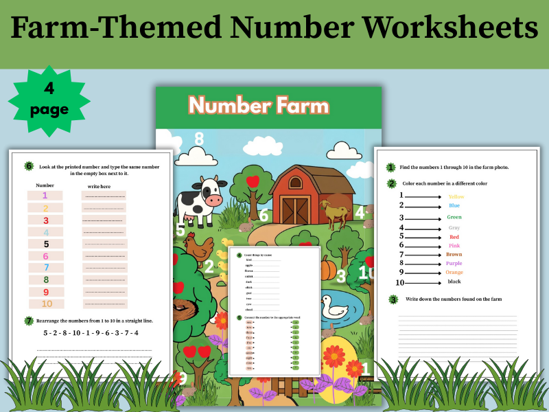 EYFS Number Recognition Worksheets | Farm Animals, Counting & Ordering 1–10
