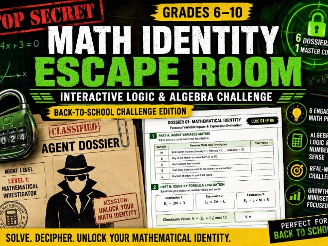 Math Identity Escape Room | Back to School Algebra & Logic Activity (Grades 6–10)