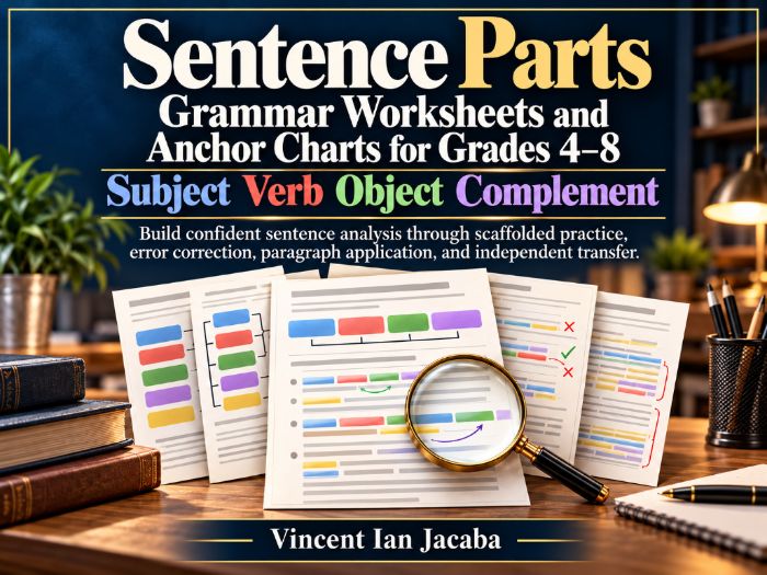 Sentence Parts Grammar Worksheets & Anchor Charts | Subject, Verb, Object & Complement | Grades 4–8