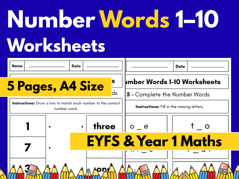 Number Words 1–10 Worksheets | Read, Match, Write & Complete | EYFS & Year 1 Maths