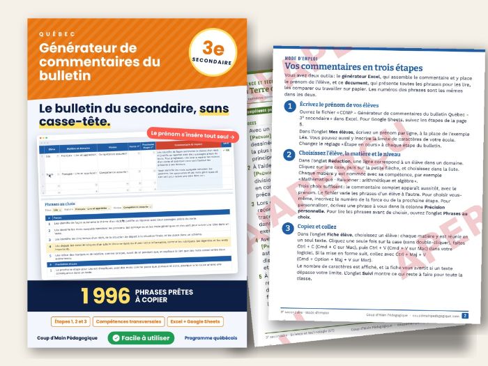 French Report Card Comments Québec Secondary III | Bulletin 3e secondaire