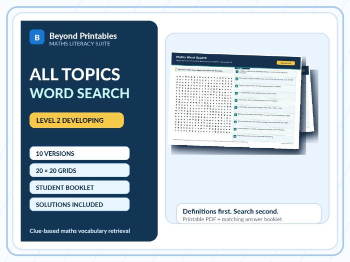 All Topics Level 2 Maths Word Search | 10 Printable Vocabulary Puzzles with Solutions
