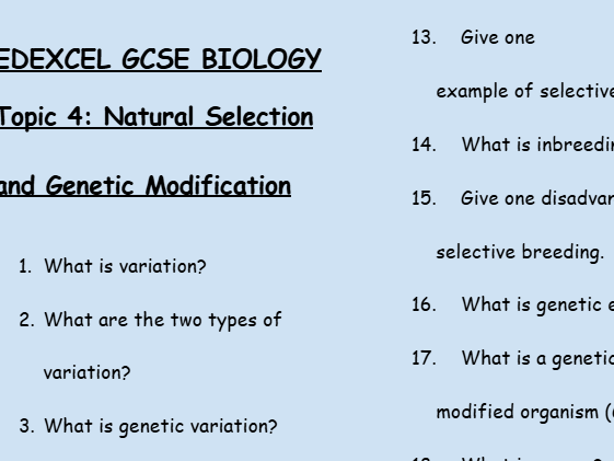 Edexcel GCSE Biology Topic 4: Natural Selection and Genetic Modification – 30 Question Retrieval
