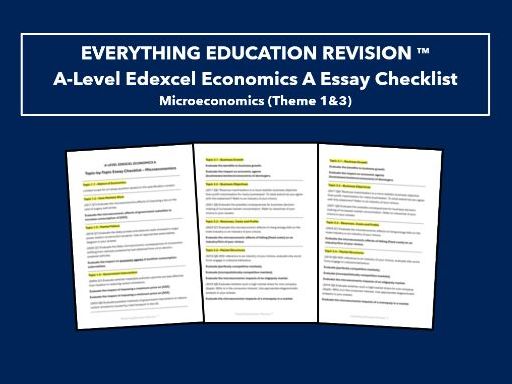 A-Level Edexcel Economics A Specification Essay Question Checklists for Microeconomics (Theme 1&3)