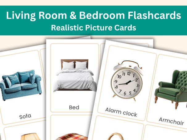 Living Room & Bedroom Objects Flashcards – 52 Realistic Printable Cards | Educational Learning