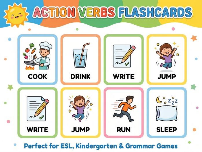 Action Verbs Flashcards | ESL Vocabulary & Movement Words | Printable Picture Cards