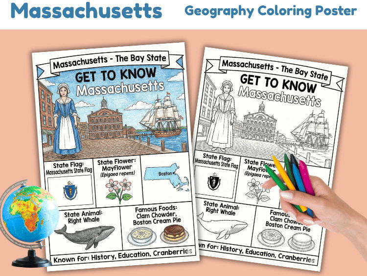 Massachusetts Geography Coloring Poster | State Facts Activity