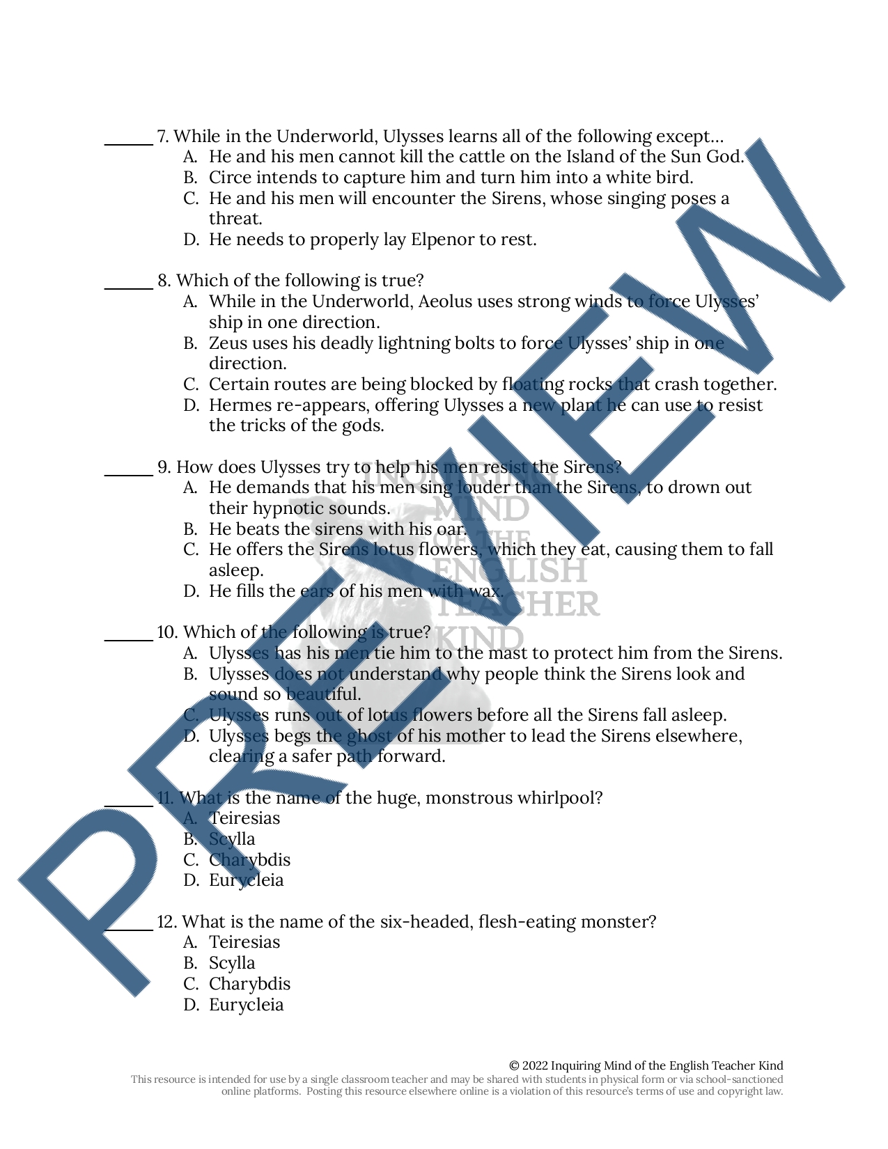 Adventures of Ulysses Chapters 8 through 11 Quiz and Answer Key ...