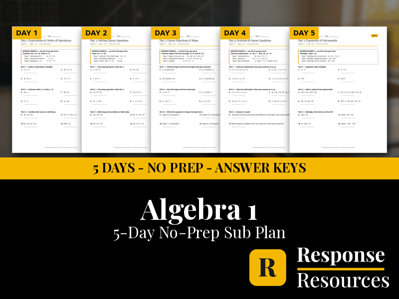 Algebra 1 Emergency Sub Plans - 5 Days No Prep Self-Checking Worksheets