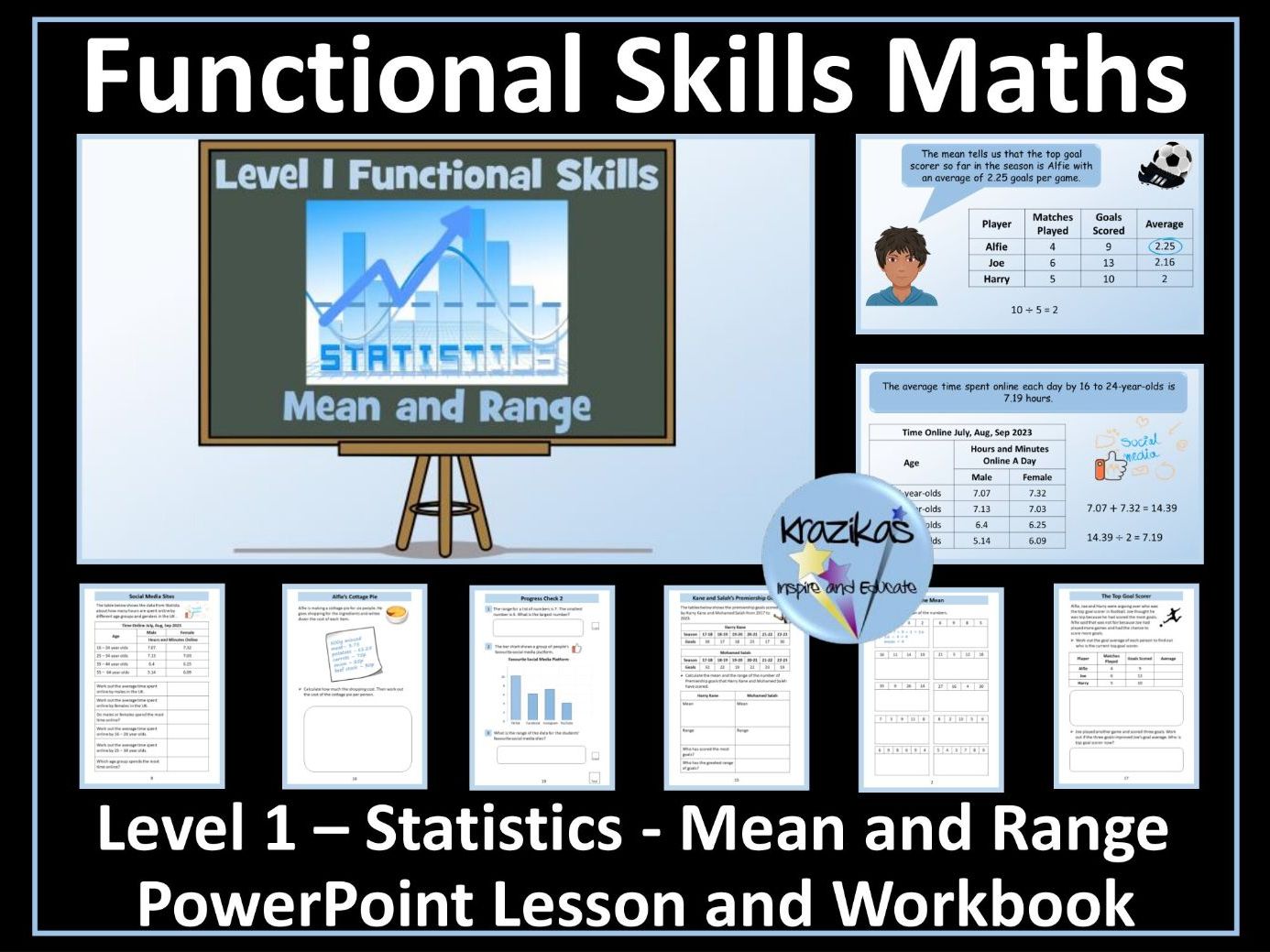 Level 1 Functional Skills Maths - Statistics - Mean and Range - PowerPoint Lesson and Workbook