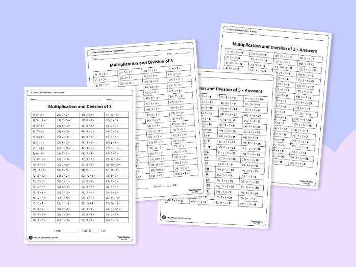 Multiplication and division practice for the 3 times table