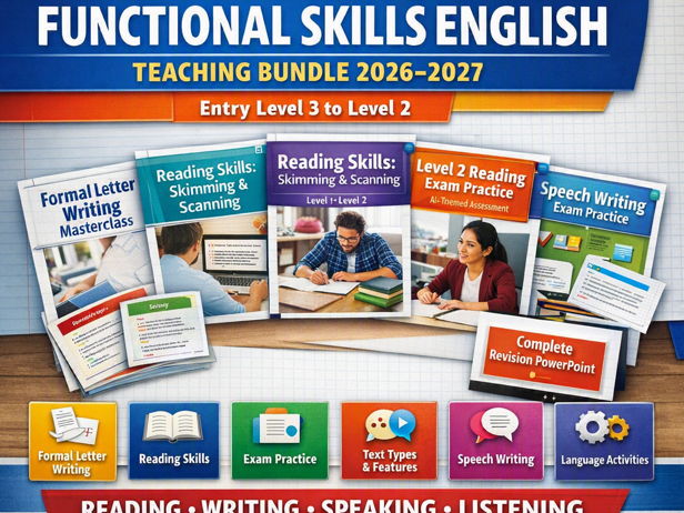 Functional Skills English Mega Bundle 2026/2027 – Reading, Writing, Speaking & Listening + Exam Practice (Entry 3–Level 2 · Printable)