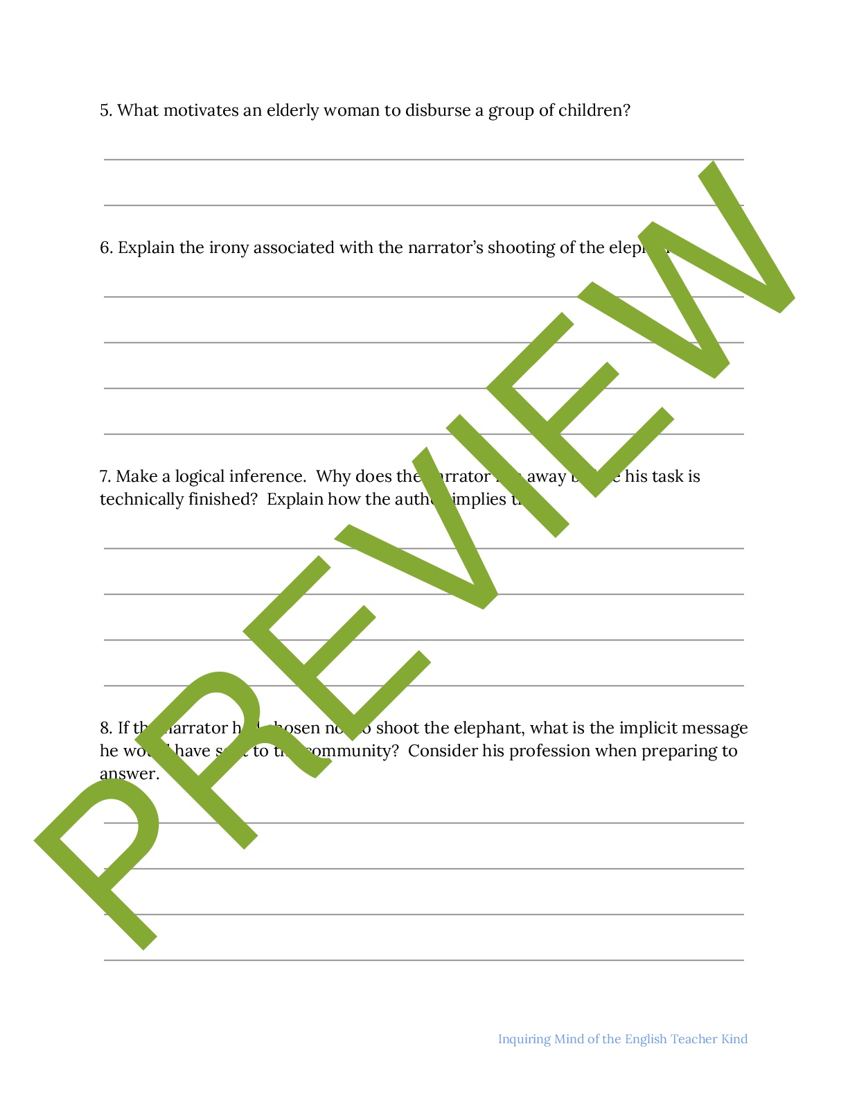 "Shooting an Elephant" Close Reading Worksheet Teaching Resources