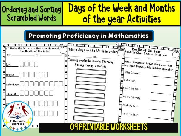 Days and Months of the Year Worksheets Math Problems