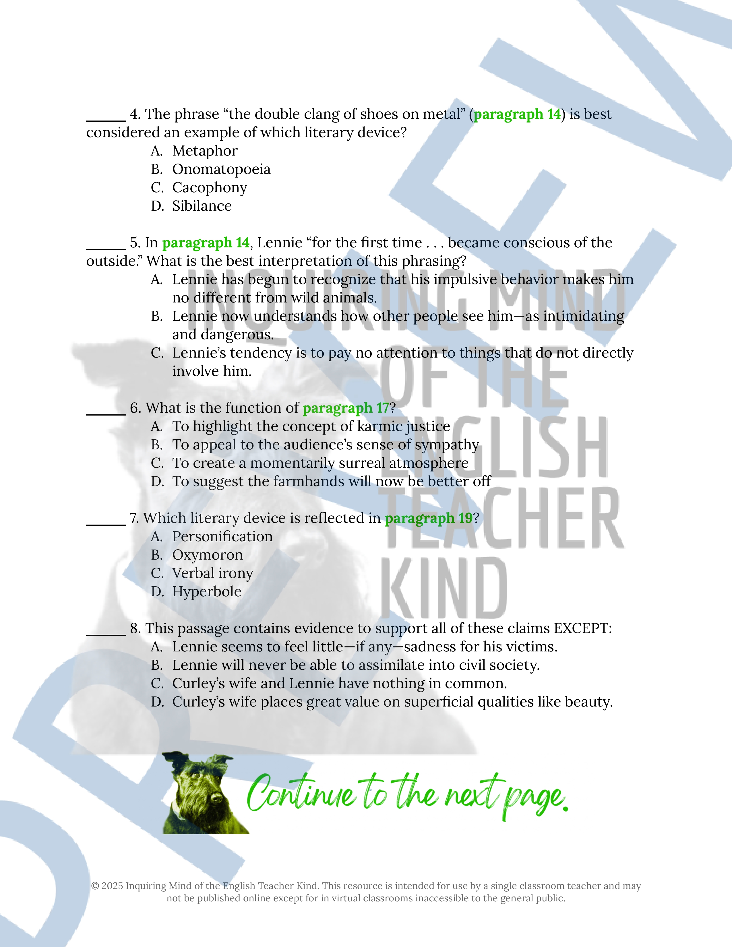 Of Mice and Men Chapter 5 Novel Analysis Worksheet | Close Reading ...