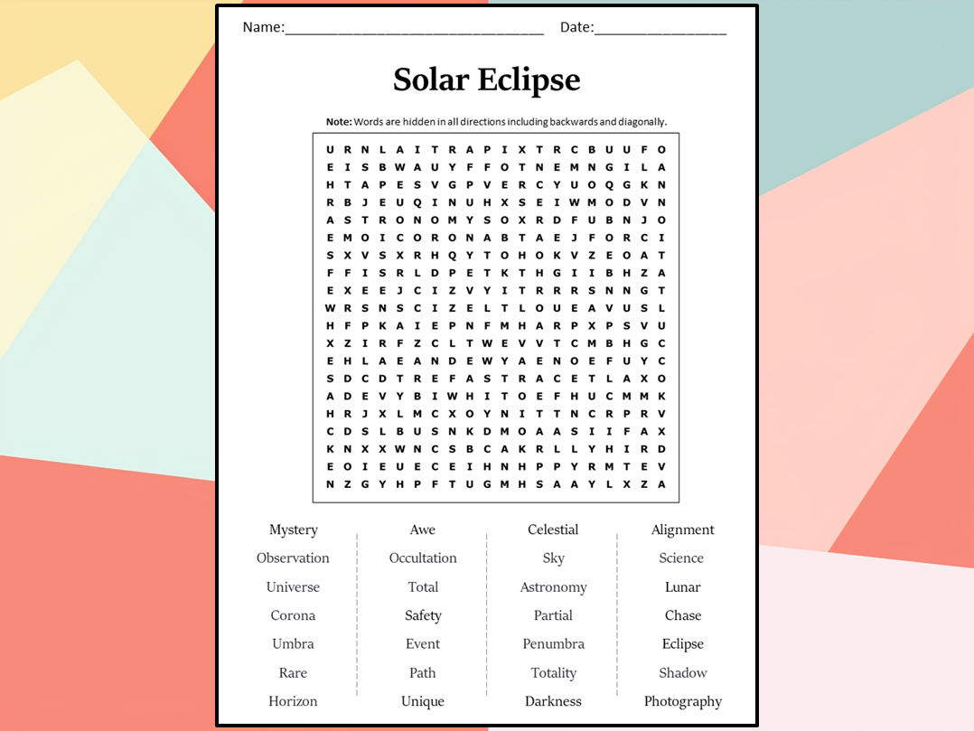 Solar Eclipse Word Search Puzzle Worksheet Activity Teaching Resources