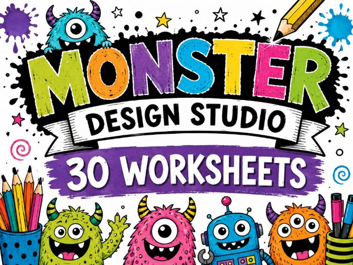 Monster Design Studio | 30 Monster Drawing Worksheets Bundle | KS2 KS3 Art, Colour Theory & Pattern