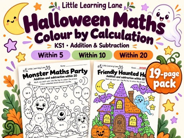 Halloween Activities KS1 | Maths Colour by Number, Word Search & Writing