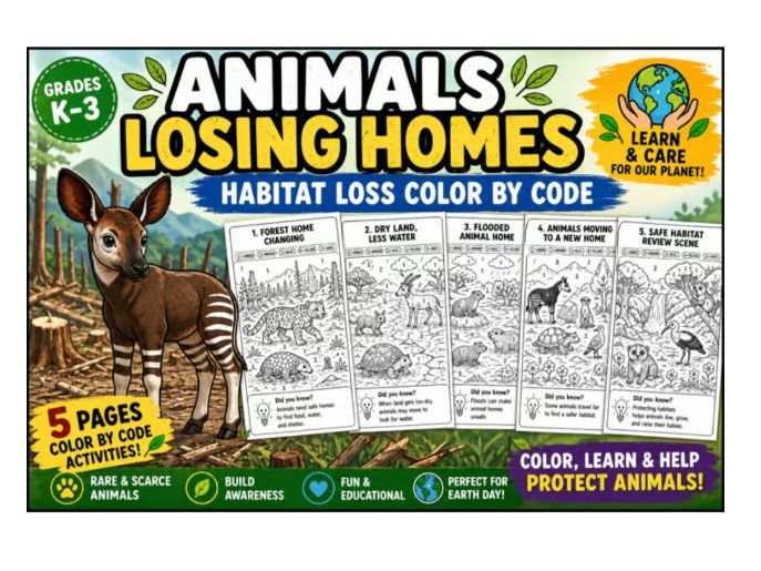Animals Losing Homes | Habitat Loss Color by Code Worksheets for Kids (PreK-Grade 3)