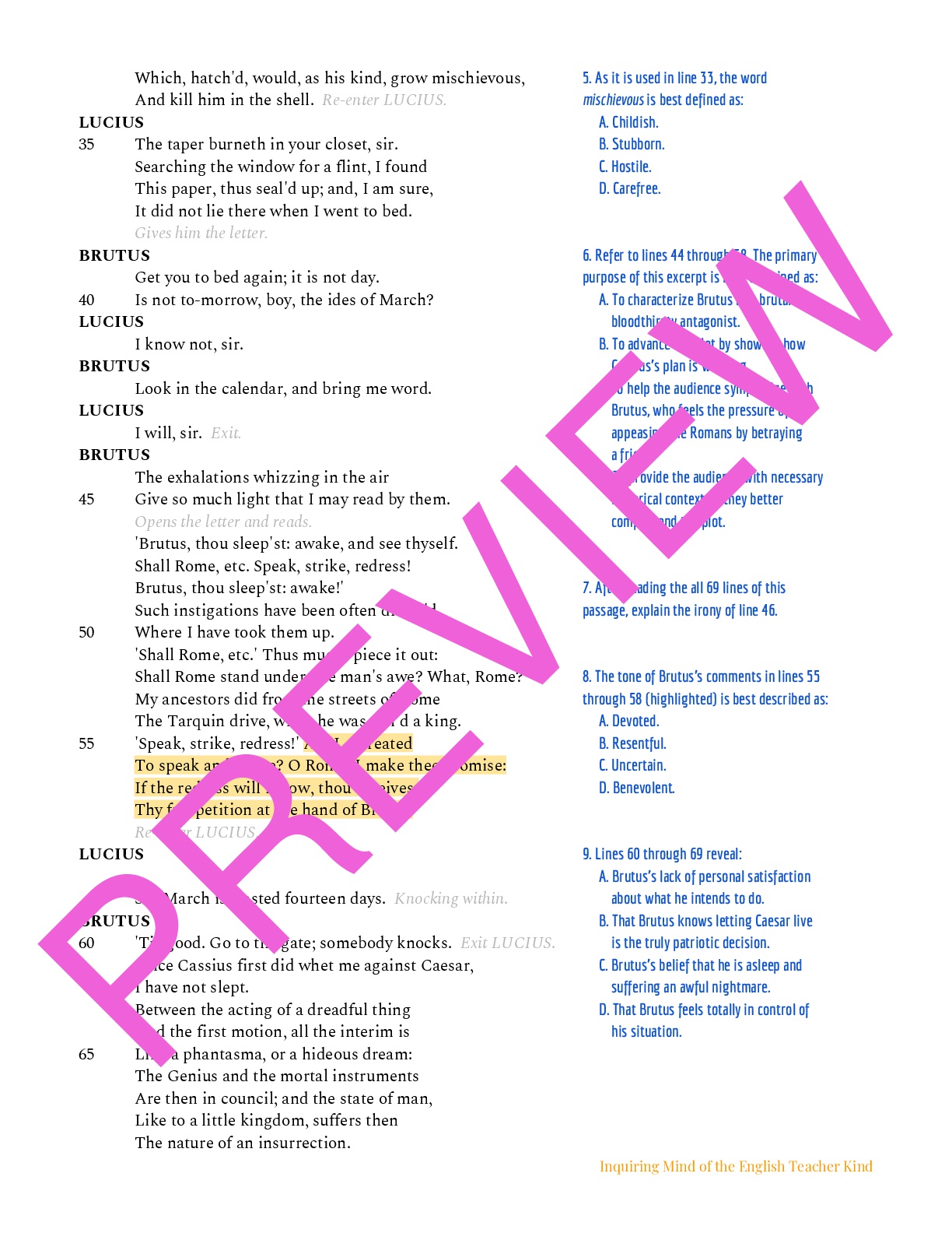 Julius Caesar Close Reading Worksheet - Act 2, Scene 1 | Teaching Resources