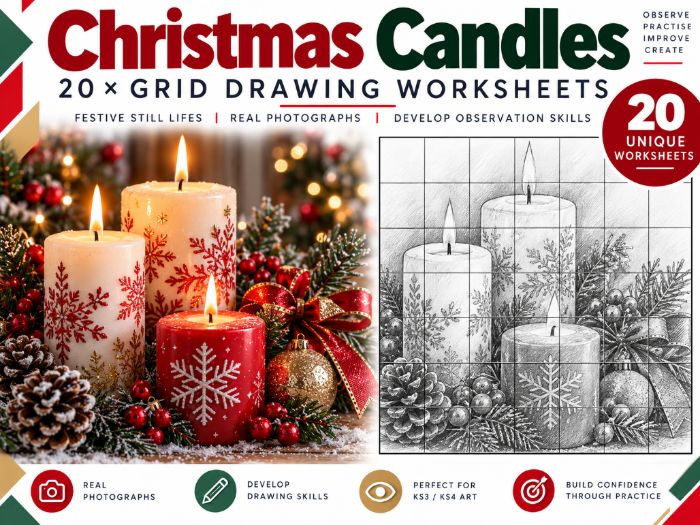 Christmas Candles Grid Drawing Worksheets | 20 Festive Drawing Activities | KS3 KS4 Art