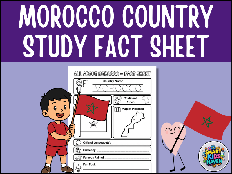 Morocco Printable Worksheets Map and Flag Country Study Research Project.
