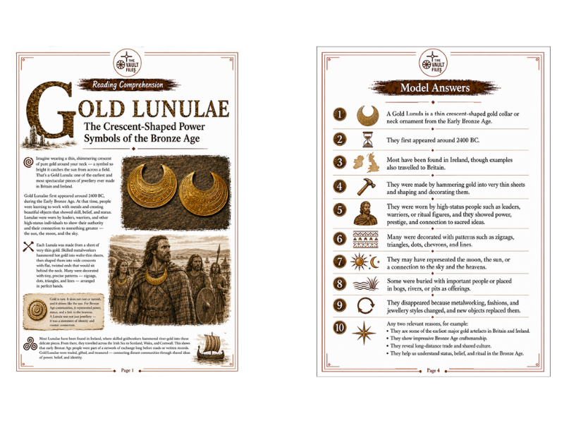 Gold Lunulae Reading Comprehension with Questions and Answers (KS3 History)