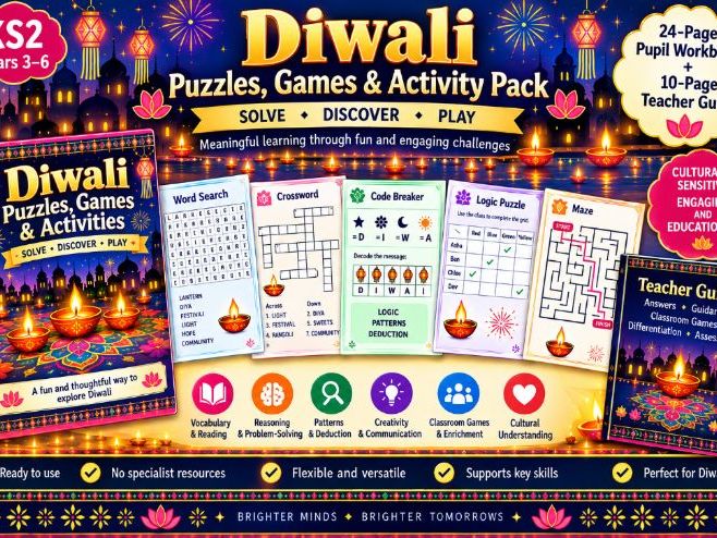 KS2 Diwali Puzzles, Games & Activity Pack | 24-Page Workbook + Teacher Guide