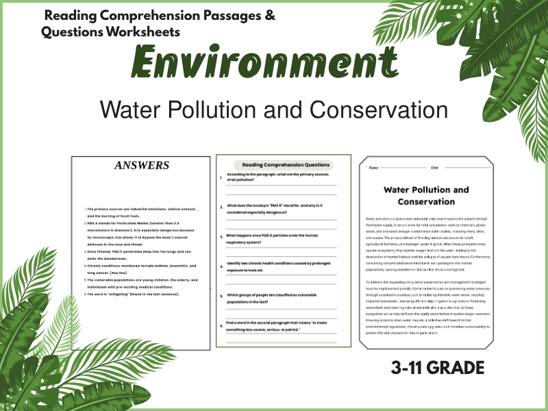 Water Pollution and Conservation Reading Comprehension Passages & Questions worksheet