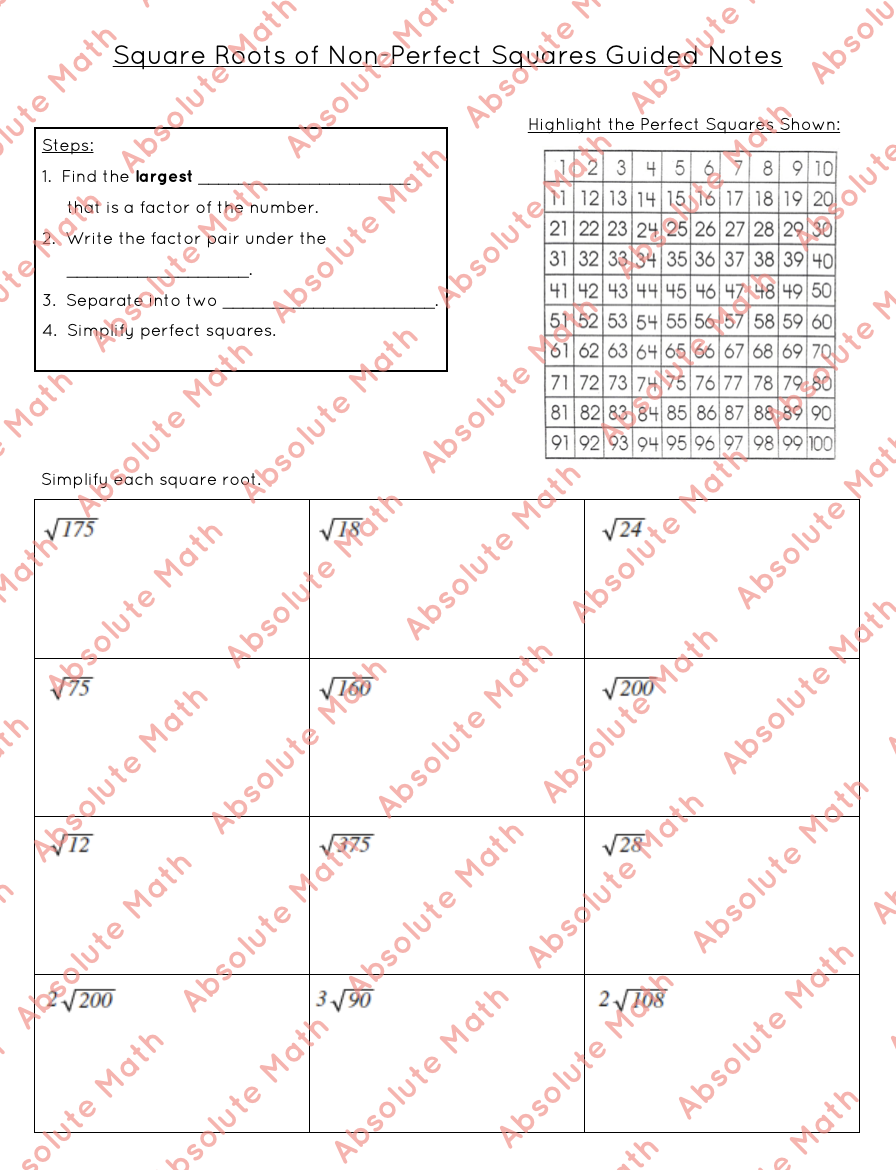 Square Roots Of Non Perfect Squares Guided Notes Teaching Resources