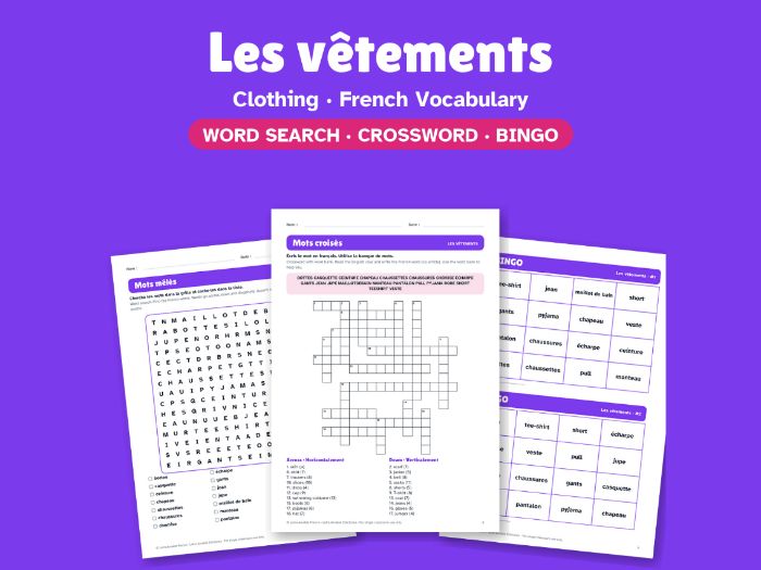 Clothing in French: Word Search, Crossword & Bingo