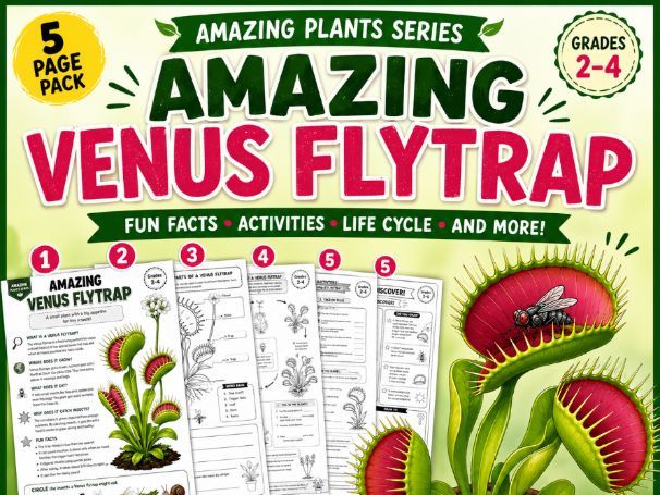 Amazing Venus Flytrap | Plant Science Worksheets | 5-Page Activity | Grade 2-4