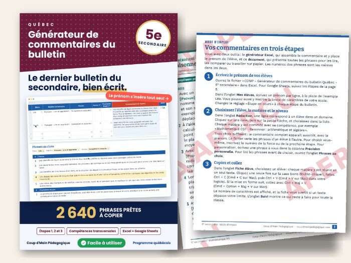 French Report Card Comments Québec Secondary V | Bulletin 5e secondaire