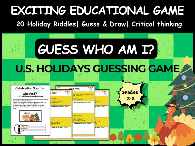 U.S. Holidays Guessing Game: "Celebration Sleuths" Interactive Activity| 20 Holiday Riddles